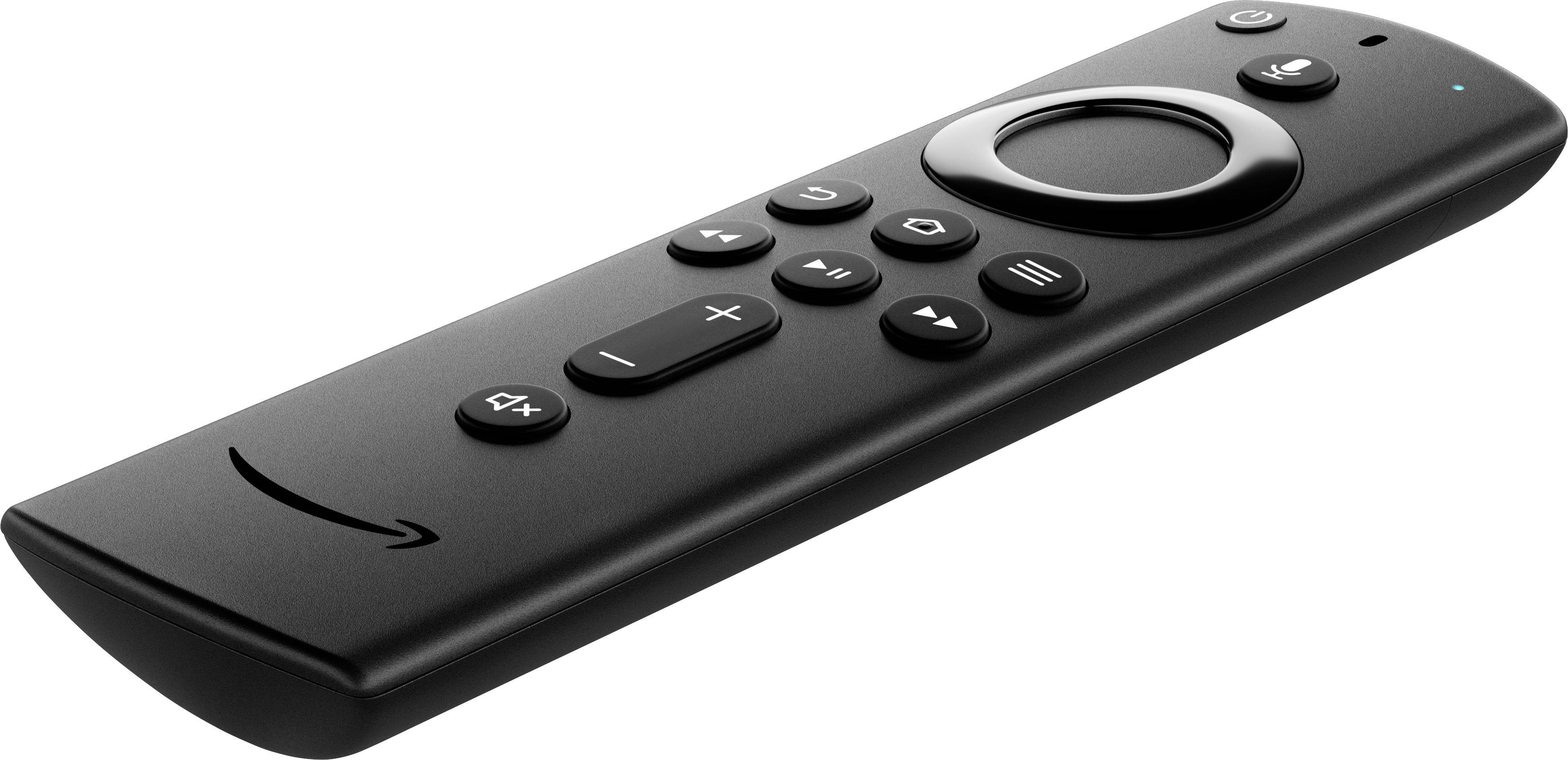 A black remote control with rounded edges, multiple buttons and a control pad, rests on a light surface.
