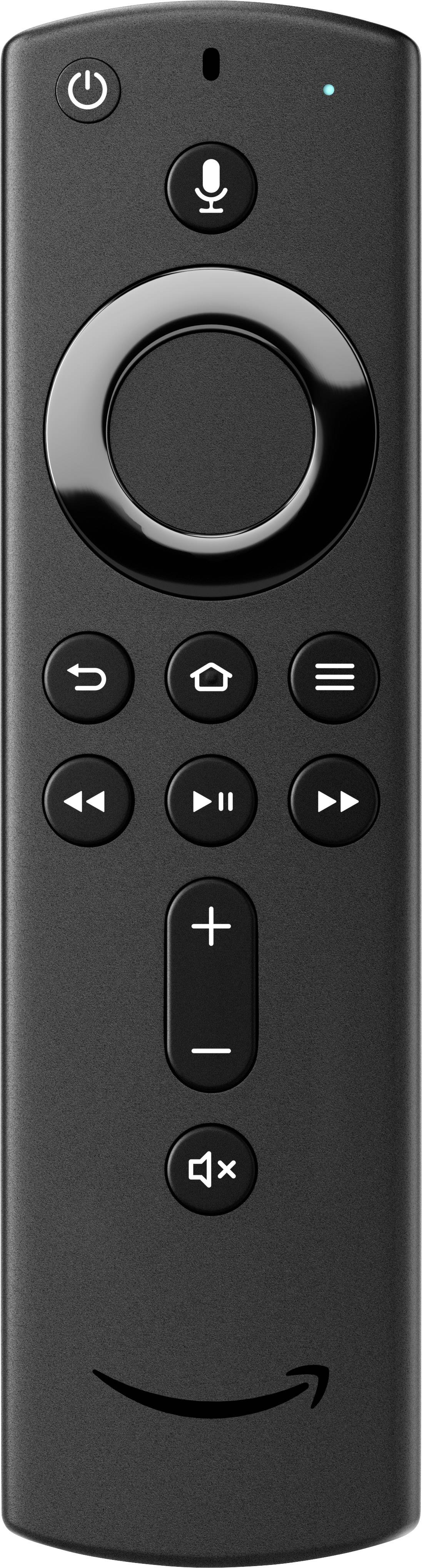 Black remote control with buttons for volume, navigation, playback, home screen, and microphone. A power button at the top. An Amazon logo at the bottom.