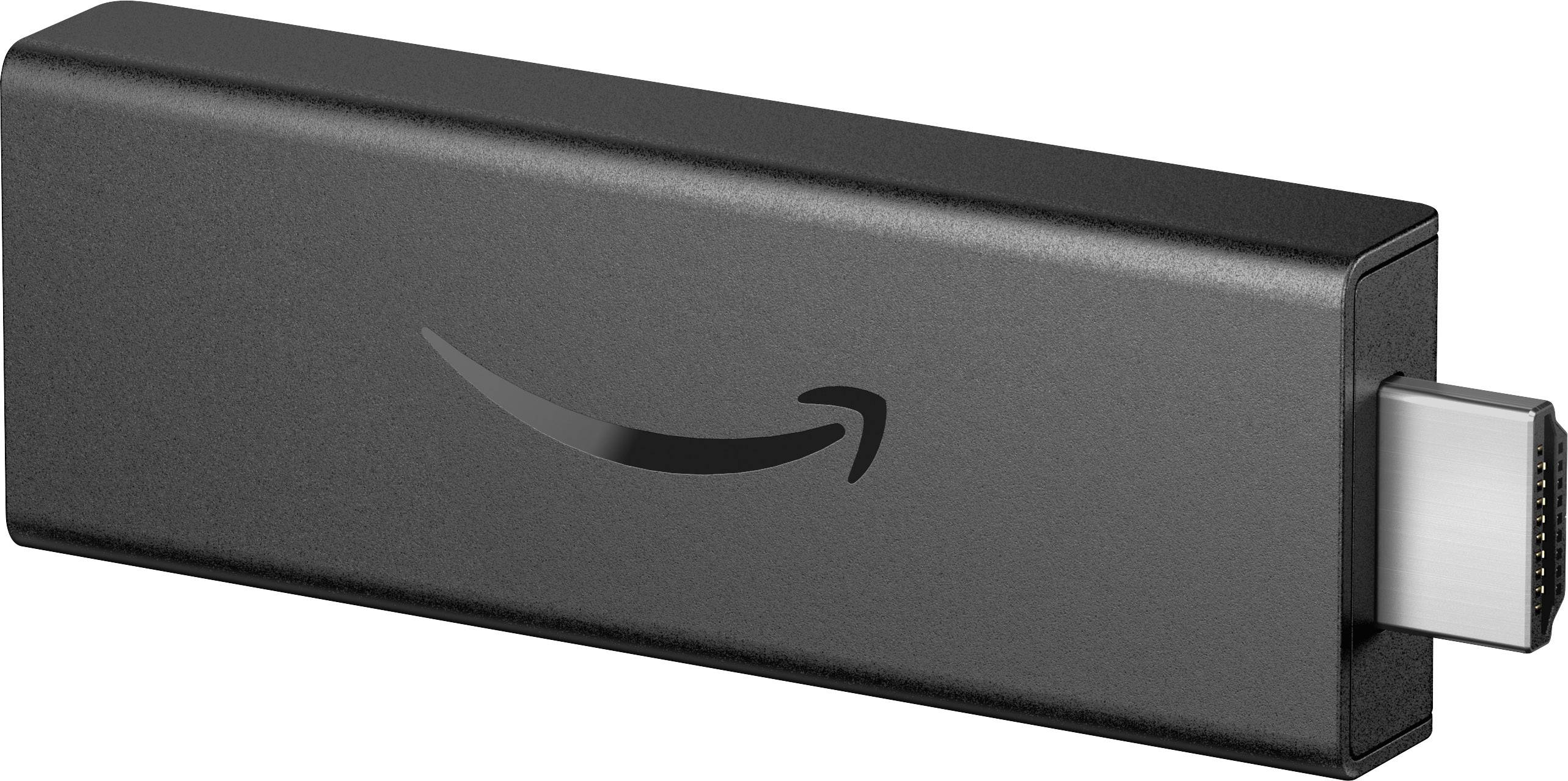 A black streaming stick with an HDMI connection, featuring the Amazon logo.