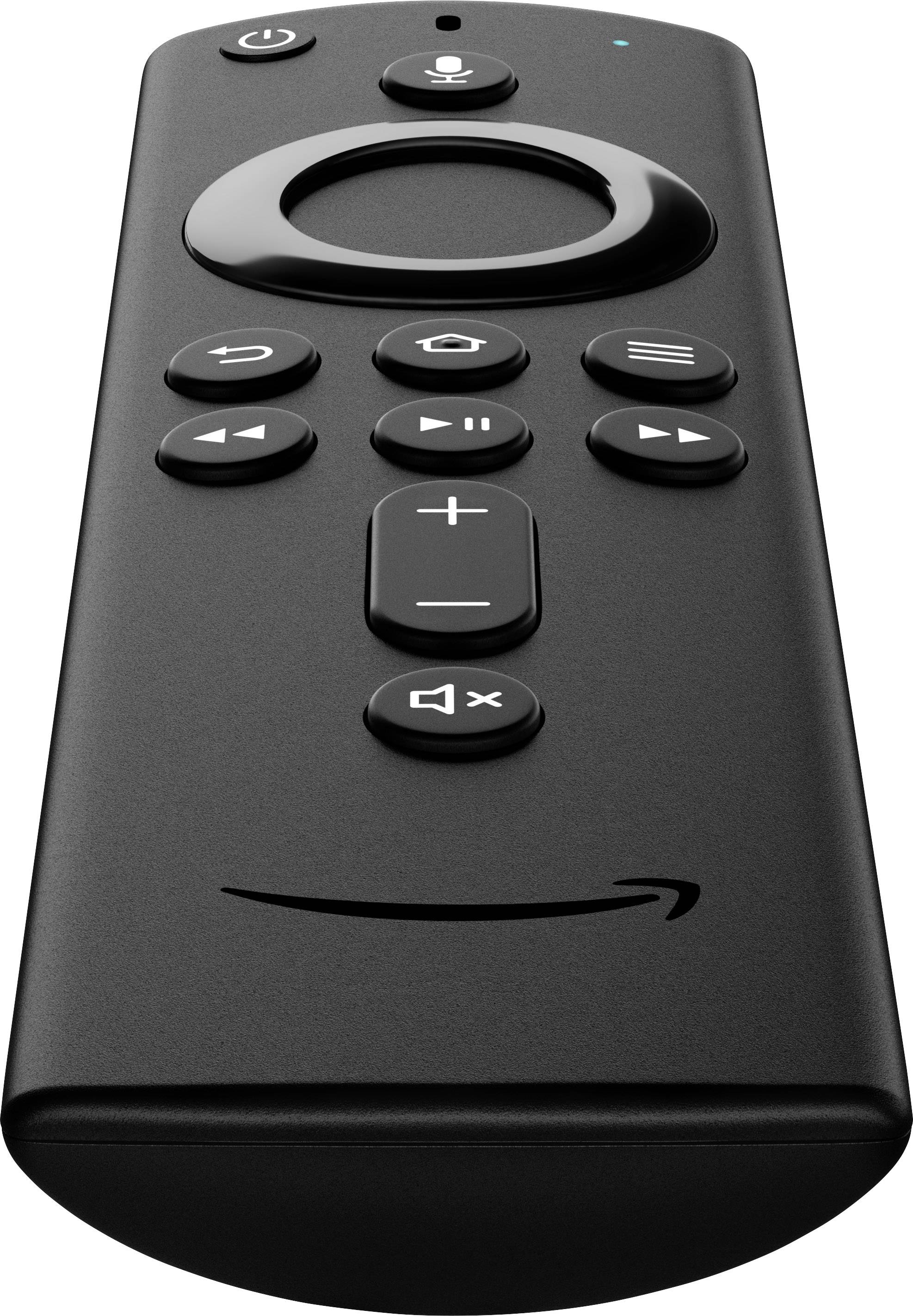 Black remote control with buttons for volume, mute, navigation and voice control. Contains a microphone symbol.