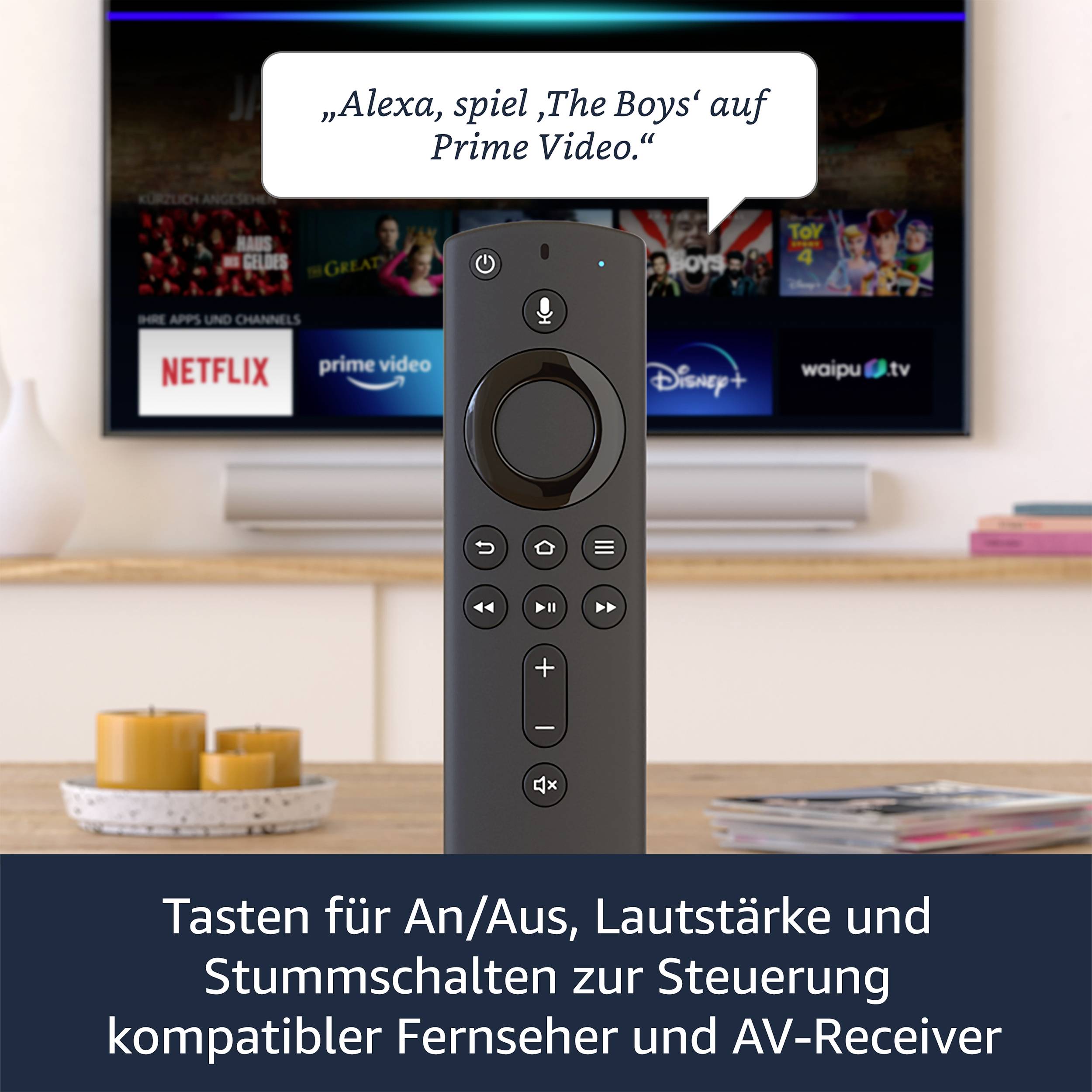 Remote control rests on table, showing buttons for On/Off and volume. Television in background displays streaming services. Text: 'Alexa, play 'The Boys' on Prime Video.'
