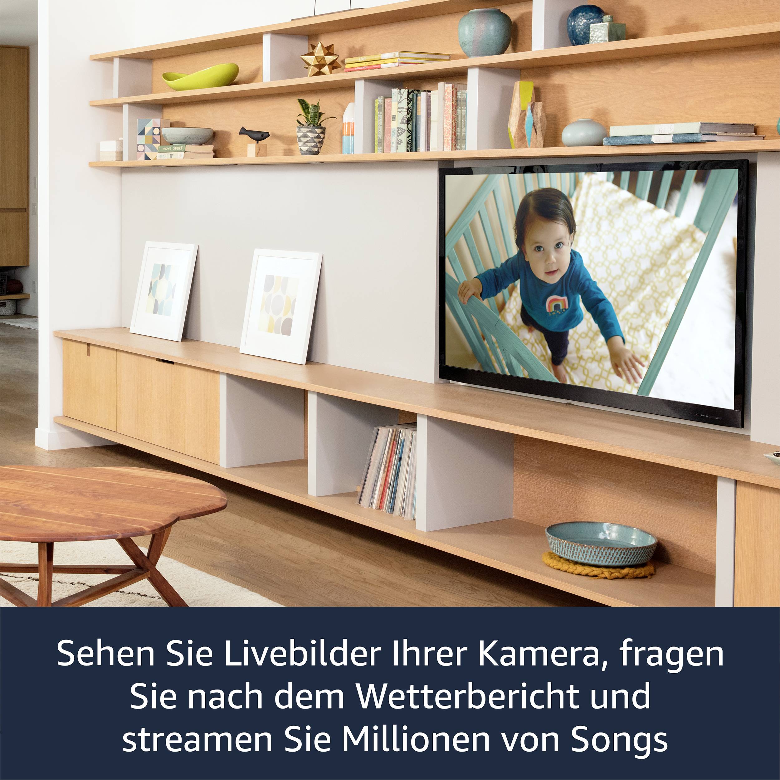 'Living room with wooden decor; TV shows a child in a playpen. Shelves with books and decorations. Caption: View live images from your camera.'