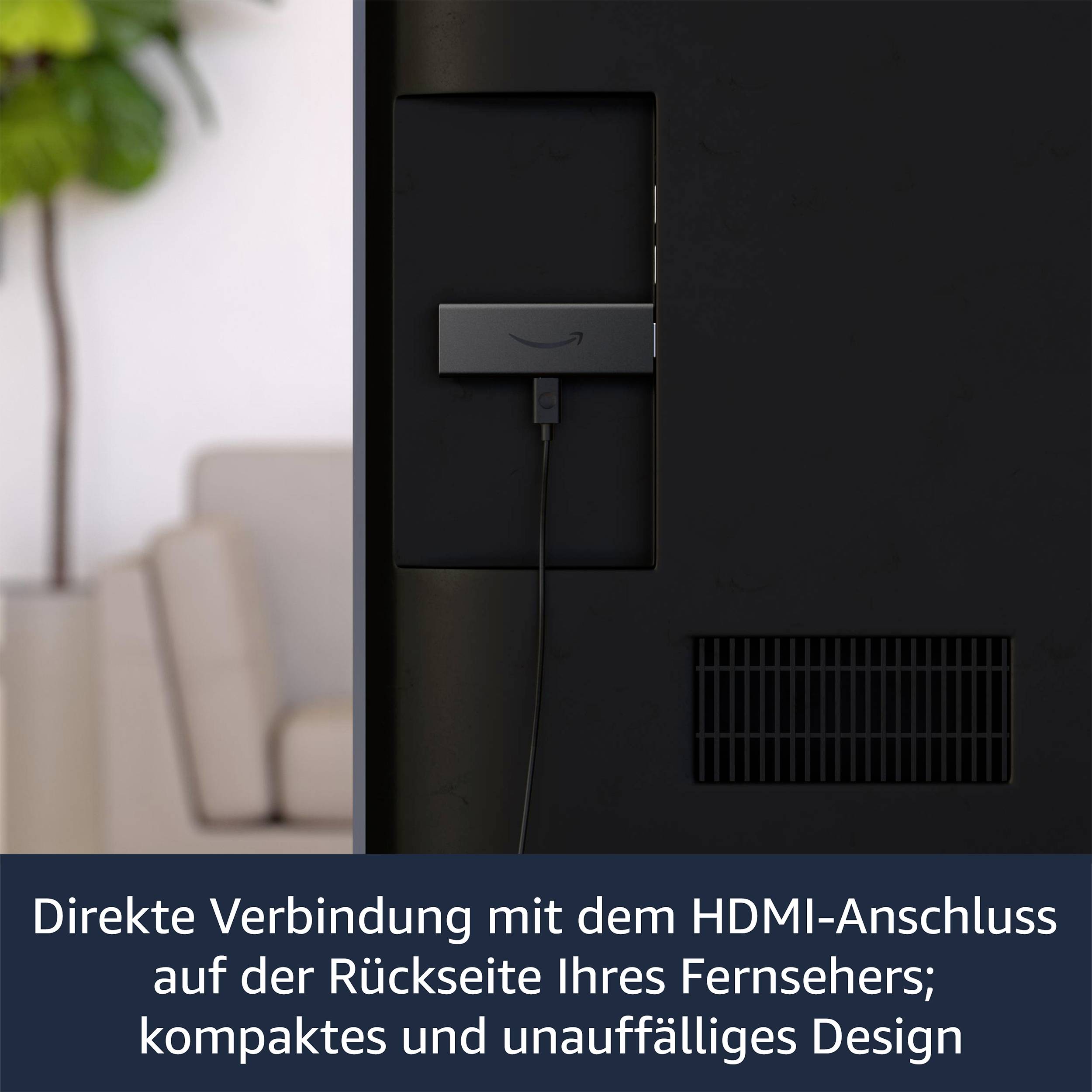 'The HDMI port of a television is used to connect a device. In the background, plants can be seen out of focus.'