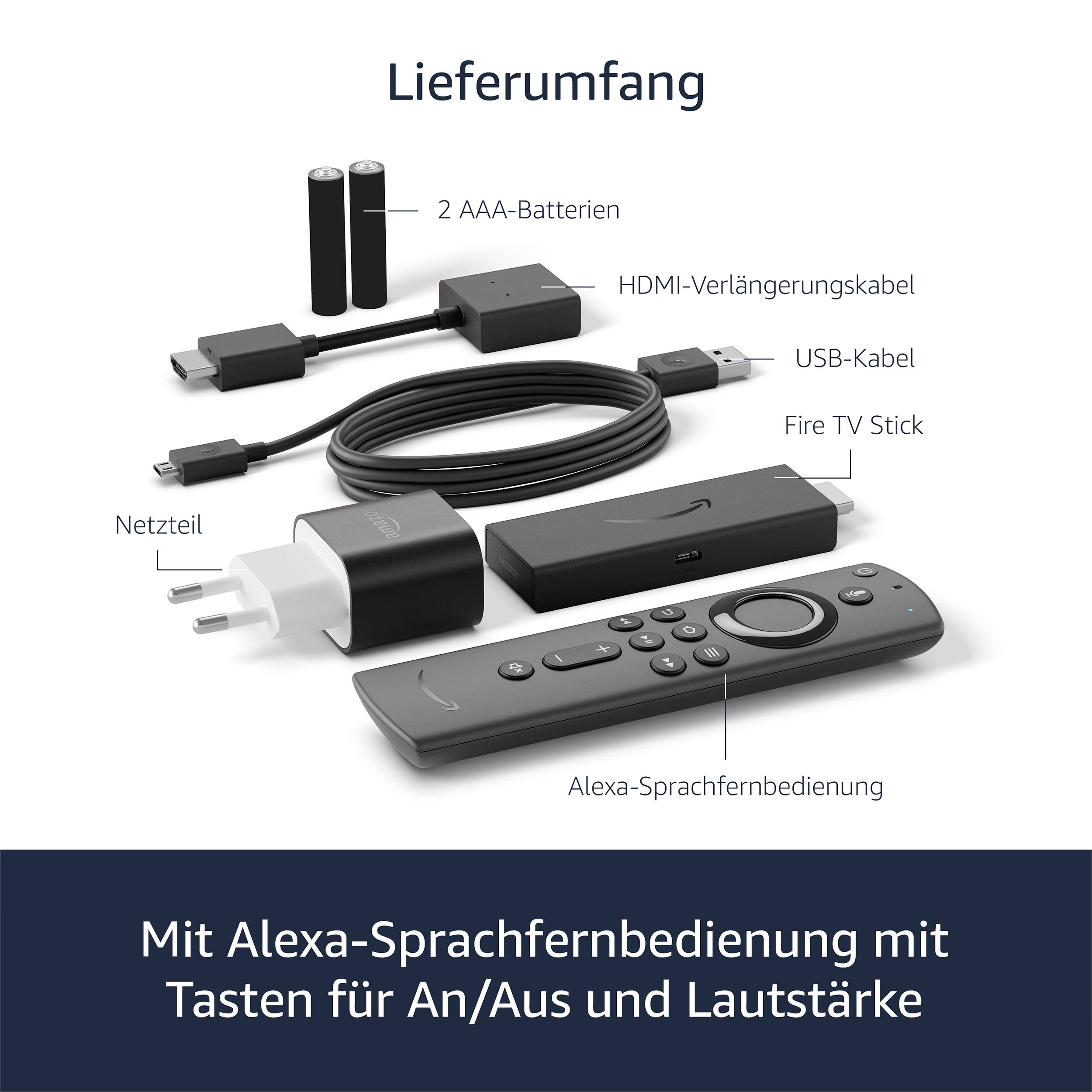 Package contents include 2 AAA batteries, HDMI extension cable, USB cable, power adapter, Fire TV Stick, and Alexa Voice Remote.