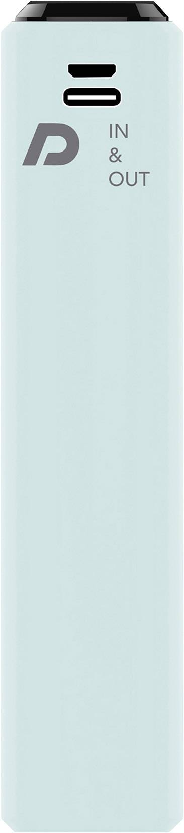 A light blue portable charger with a USB port on top and the inscription 'IN & OUT' beside it.