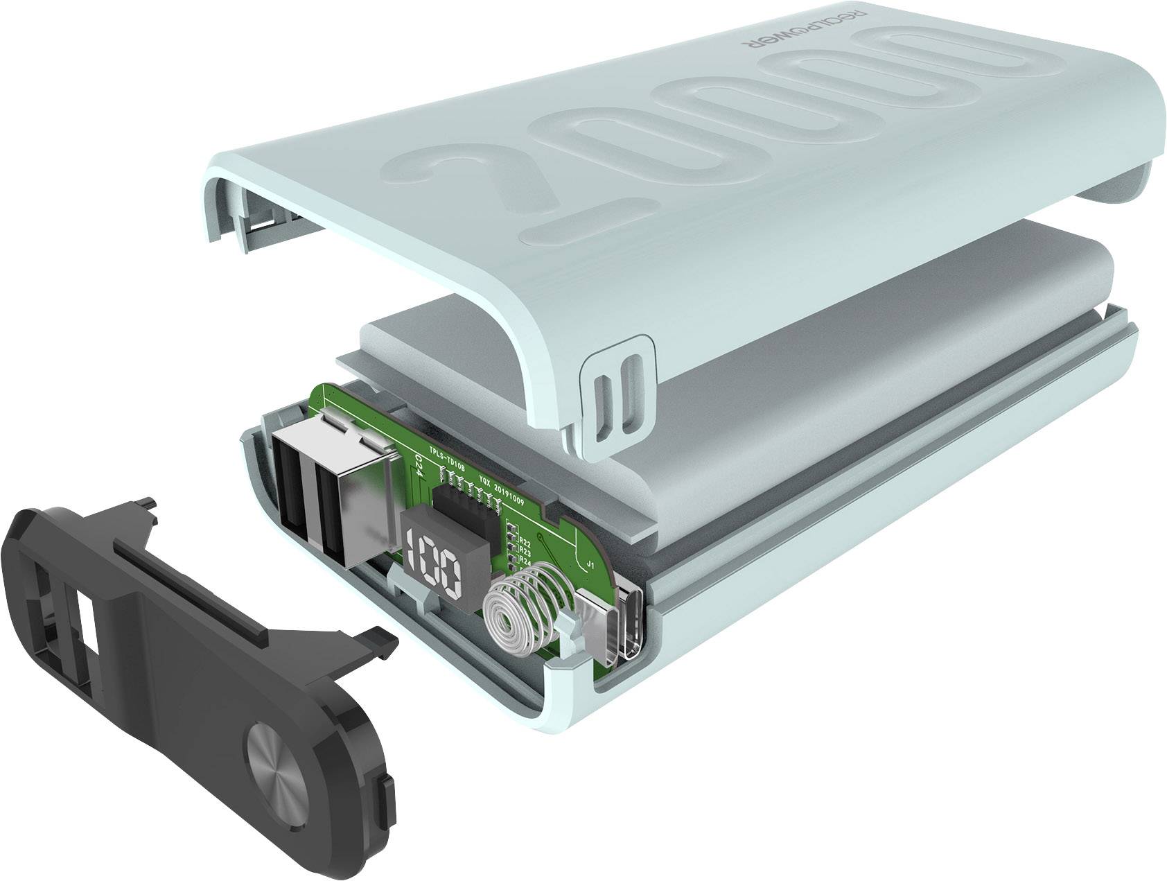 An opened electronic device reveals its internal components with a circuit board and various parts. The casing bears the inscription '20000'.