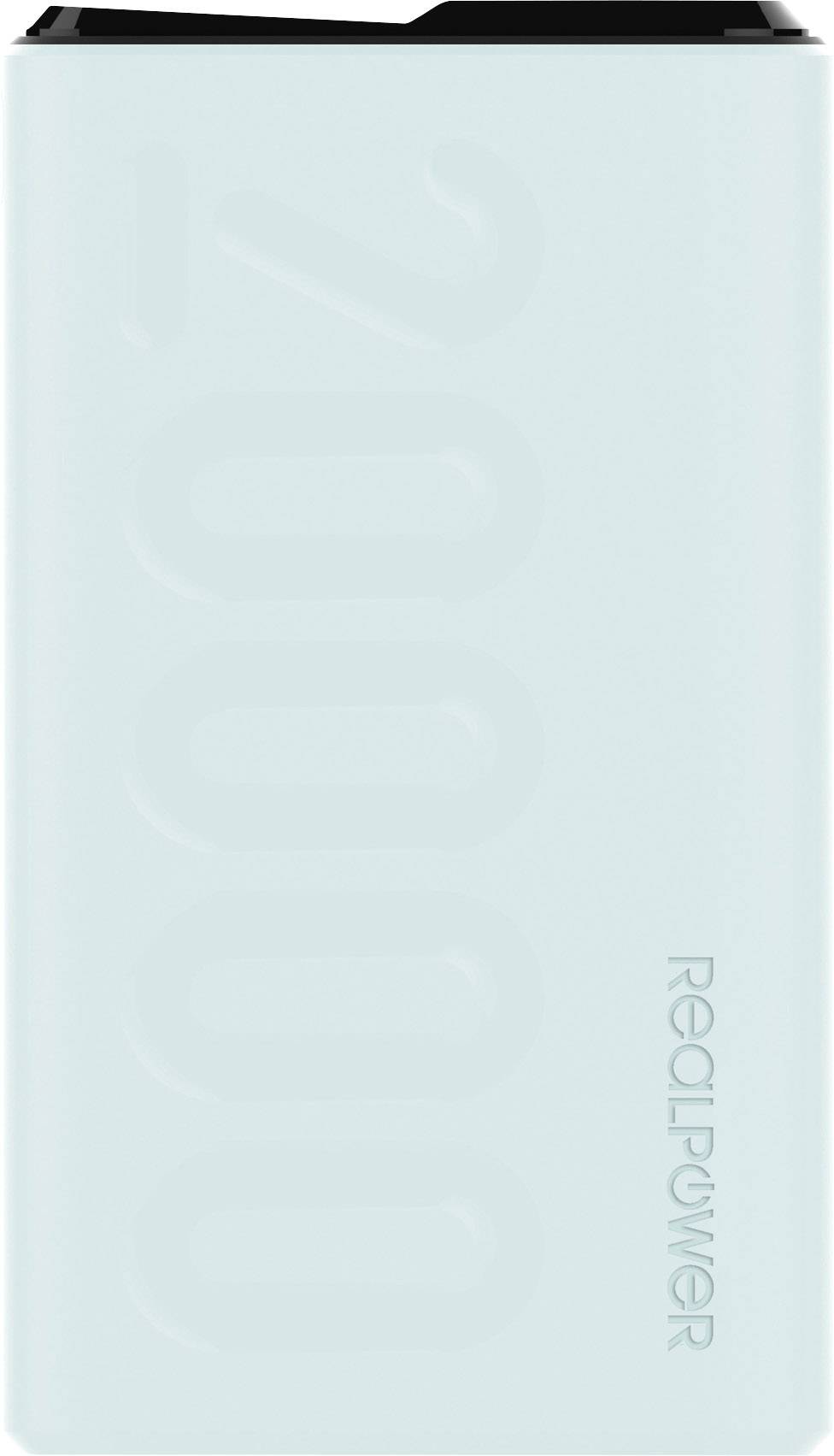 A power bank with 'Real Power' printed on it and a capacity of 20,000 mAh, in light blue.