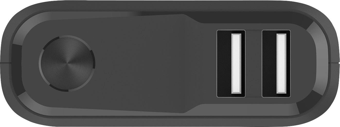 The image shows a black device with two USB ports and a button on the side, likely a charger or adapter.