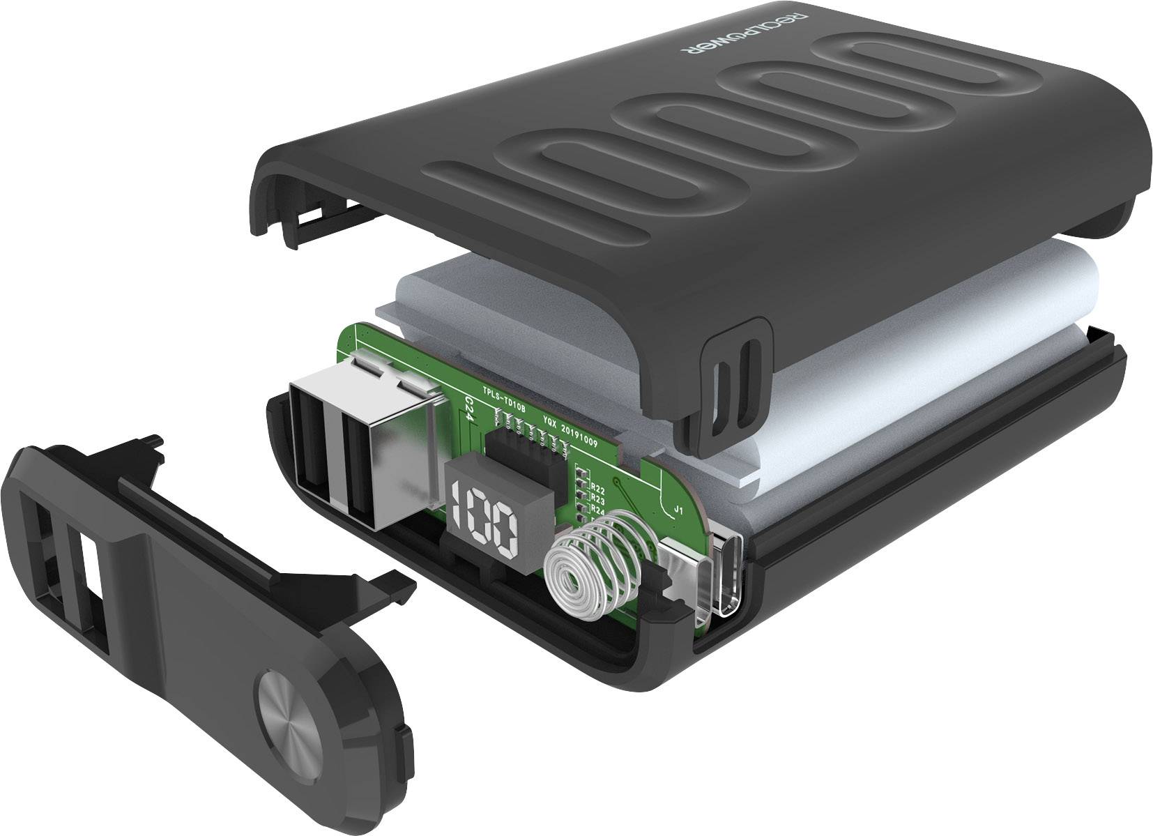 Exploded view of a battery pack. Showing the casing, battery, circuit board and other electronic components.
