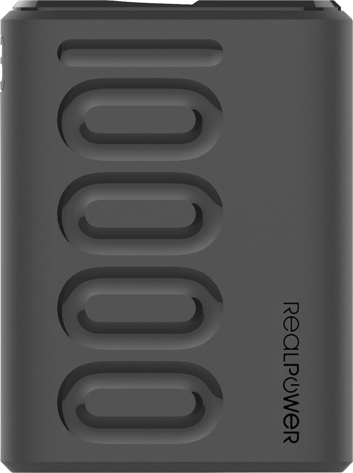 Black power bank with an embossed pattern and 'RealPower' printed on the side.
