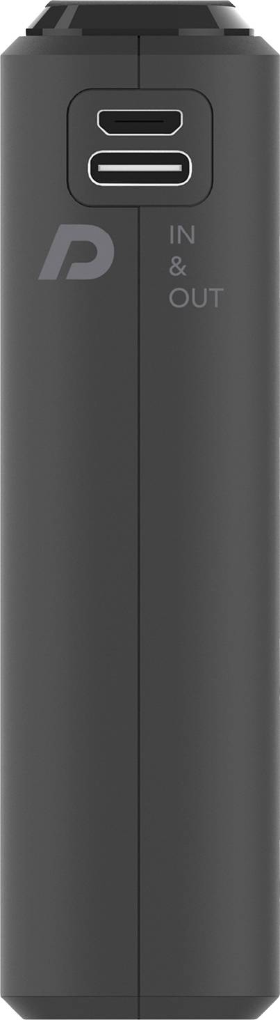 A black power bank with two USB ports, labelled 'IN' and 'OUT'.