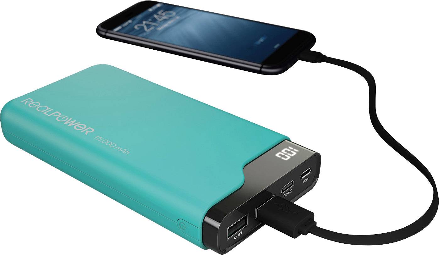 A smartphone is connected to a turquoise power bank labelled 'Realpower' via a cable. The power bank is being charged.