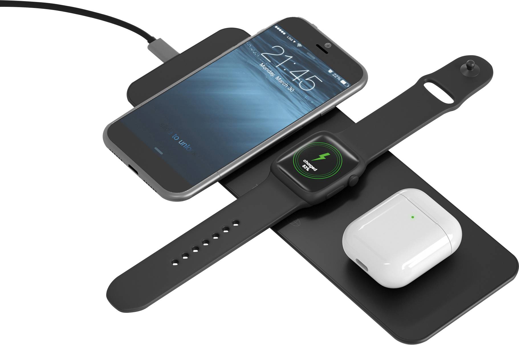 Smartphone, smartwatch and wireless earphones on a wireless charging station. All devices are being charged simultaneously.