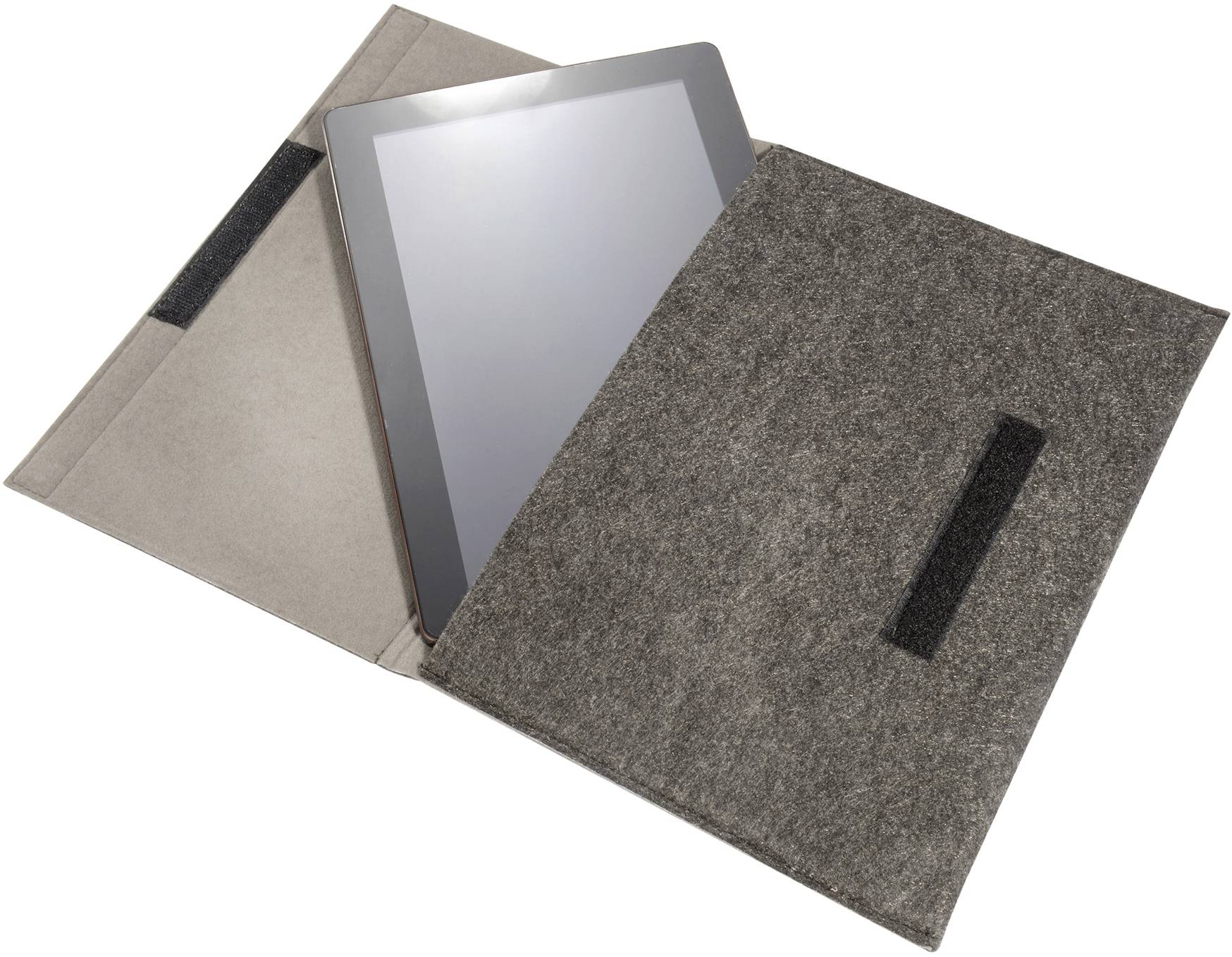 A tablet in an open, grey felt case with a velcro fastening.