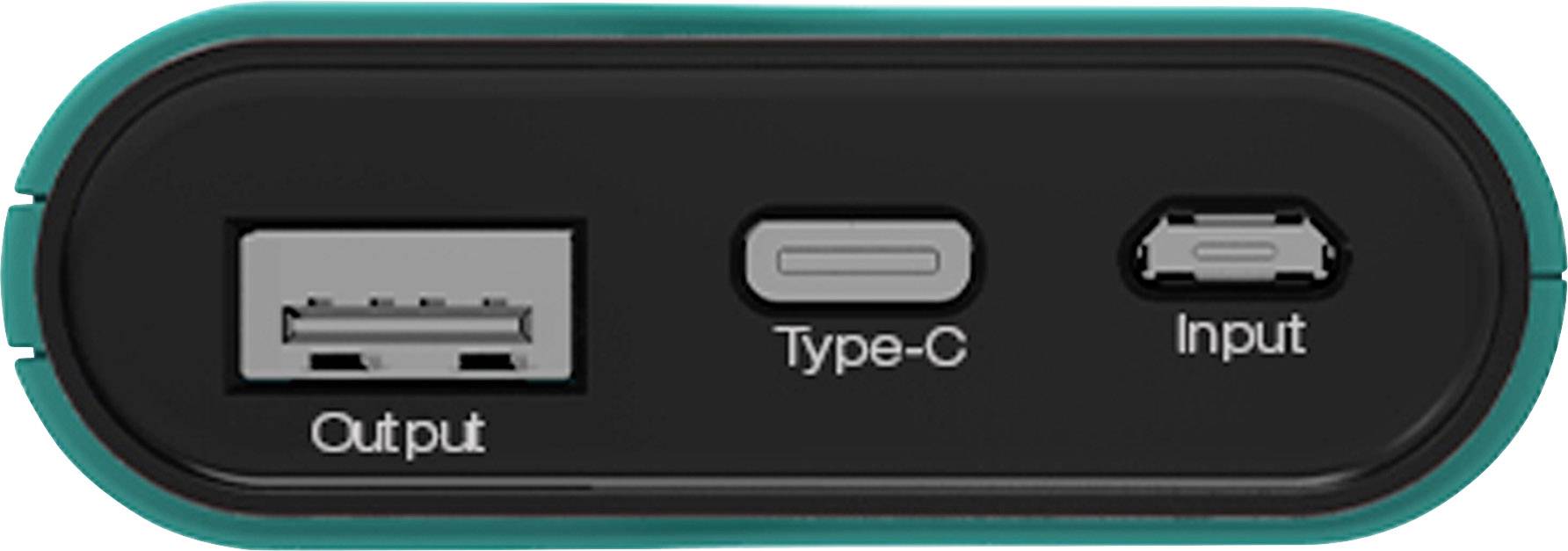 'Figure shows a power bank connection strip with USB output, Type-C port and Micro-USB input.'