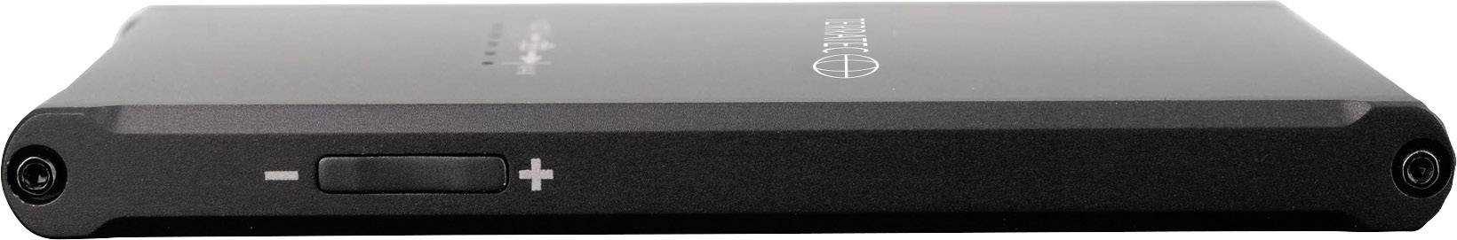 External, slim hard drive in a black casing with a volume control dial on the side.