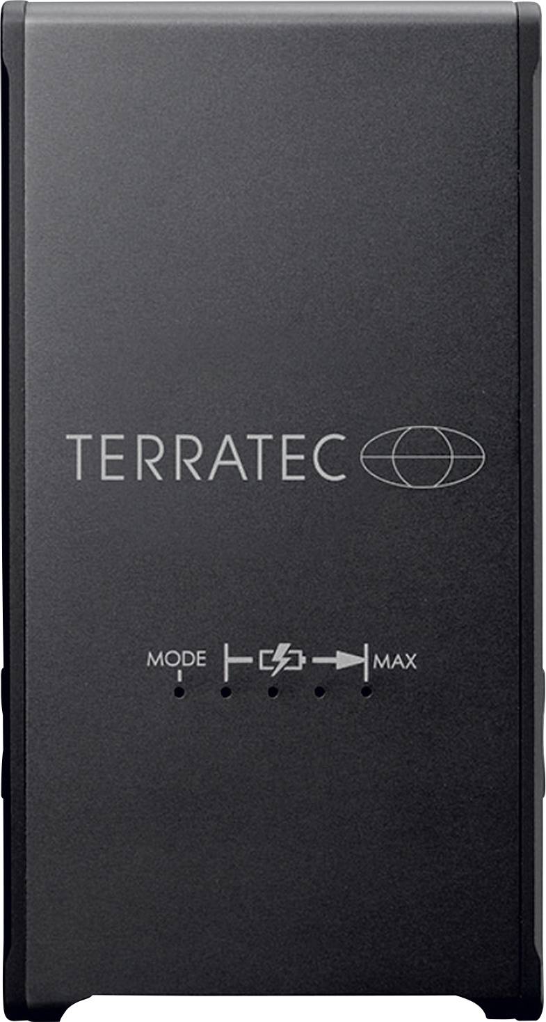 Black Terratec device with logo and three indicator lights on the front: 'Mode', lightning symbol, 'Max'.