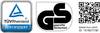 'TÜV Rheinland Certified' Logo, 'GS Tested Safety' Seal, QR Code with the URL 'www.tuv.com' and ID '1419077781'.