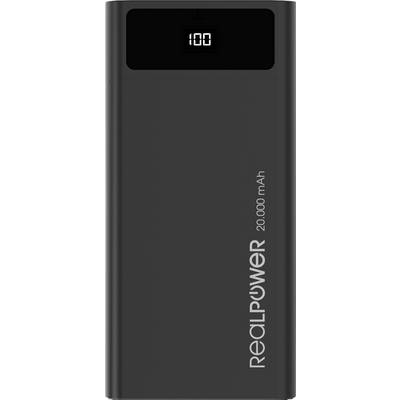 A black power bank with the inscription 'RealPower 20000 mAh' and a digital display showing '100'.