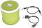 Green portable speaker with USB connection cable and audio cable.