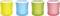 Four colourful containers with white lids, arranged from left to right in yellow, blue, green, and pink.