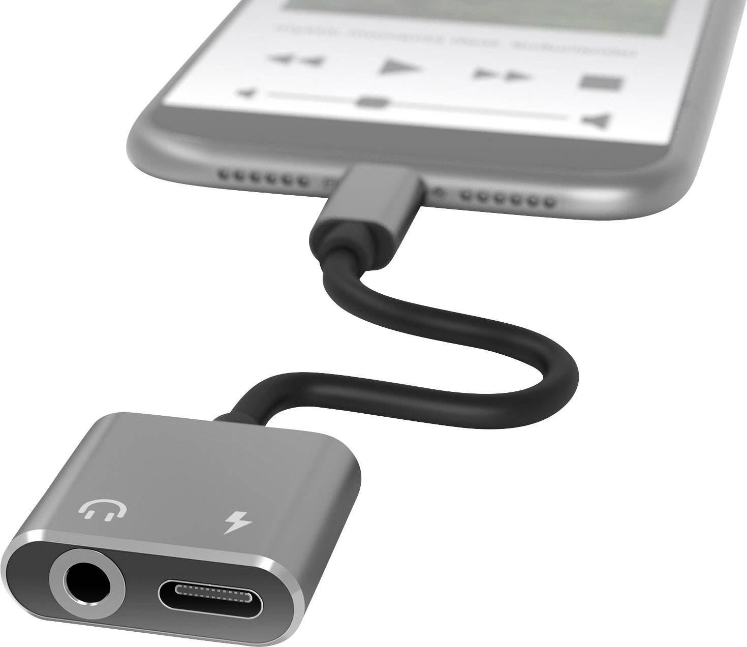 A smartphone is connected via a cable adapter with a USB-C port and a 3.5mm headphone socket.