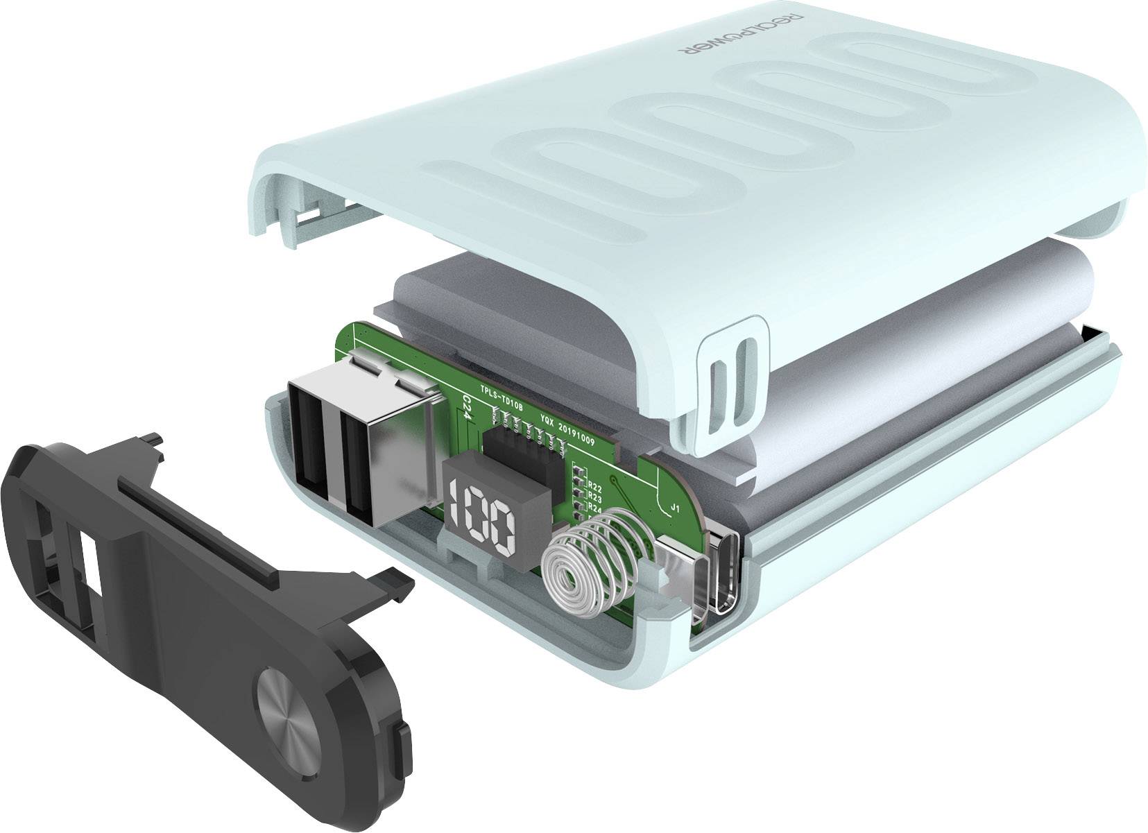 A digital USB recorder in a white casing, partially opened, reveals the internal hardware with a green circuit board.