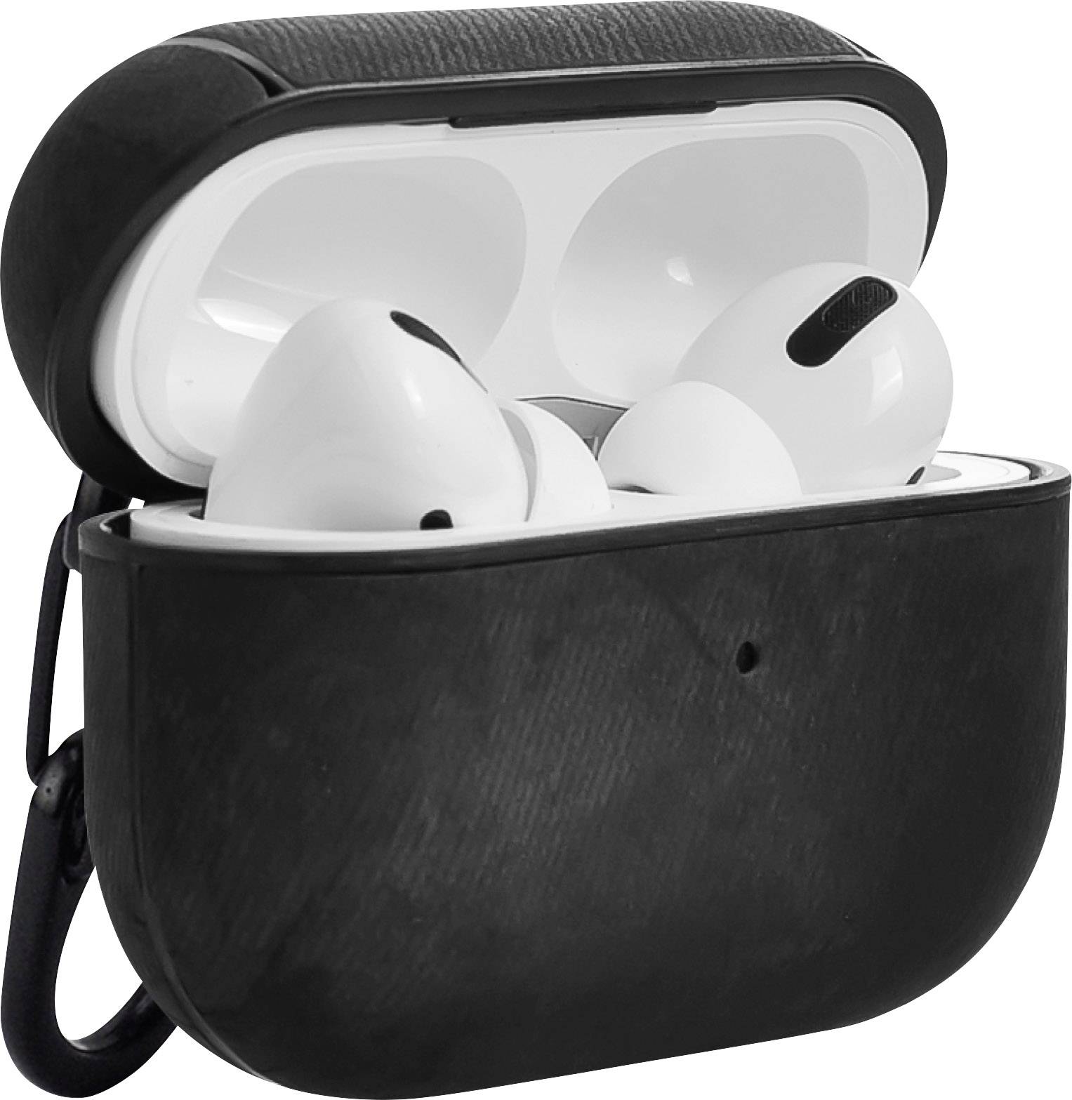 White wireless in-ear headphones in an open black charging case.