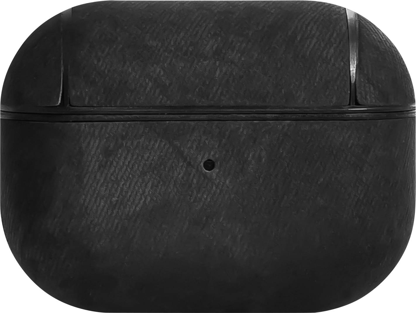 Black wireless headphone case with textured design, closed and shown from the front.