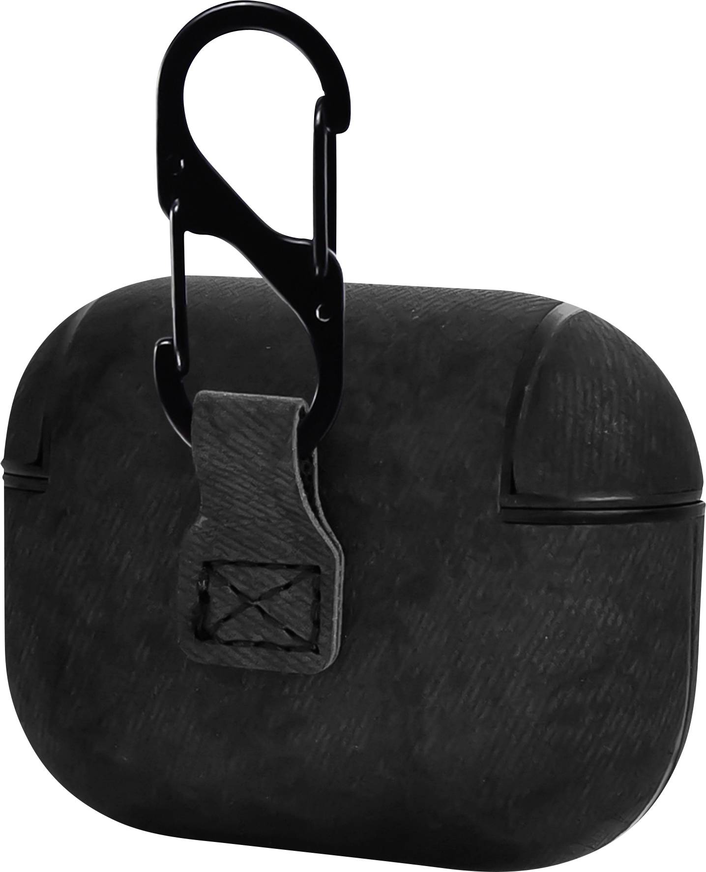 Black case with carabiner hook, suitable for storing earphones. Practical for travelling or securely storing.