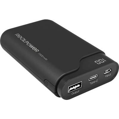 A black power bank with the inscription 'RealPower 7500 mAh'. It features USB and Type-C ports as well as an LED display.