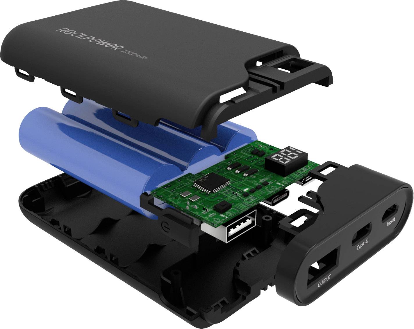 Exploded view of a power bank with casing, blue battery, circuit board, USB port, and digital display, revealing internal components.