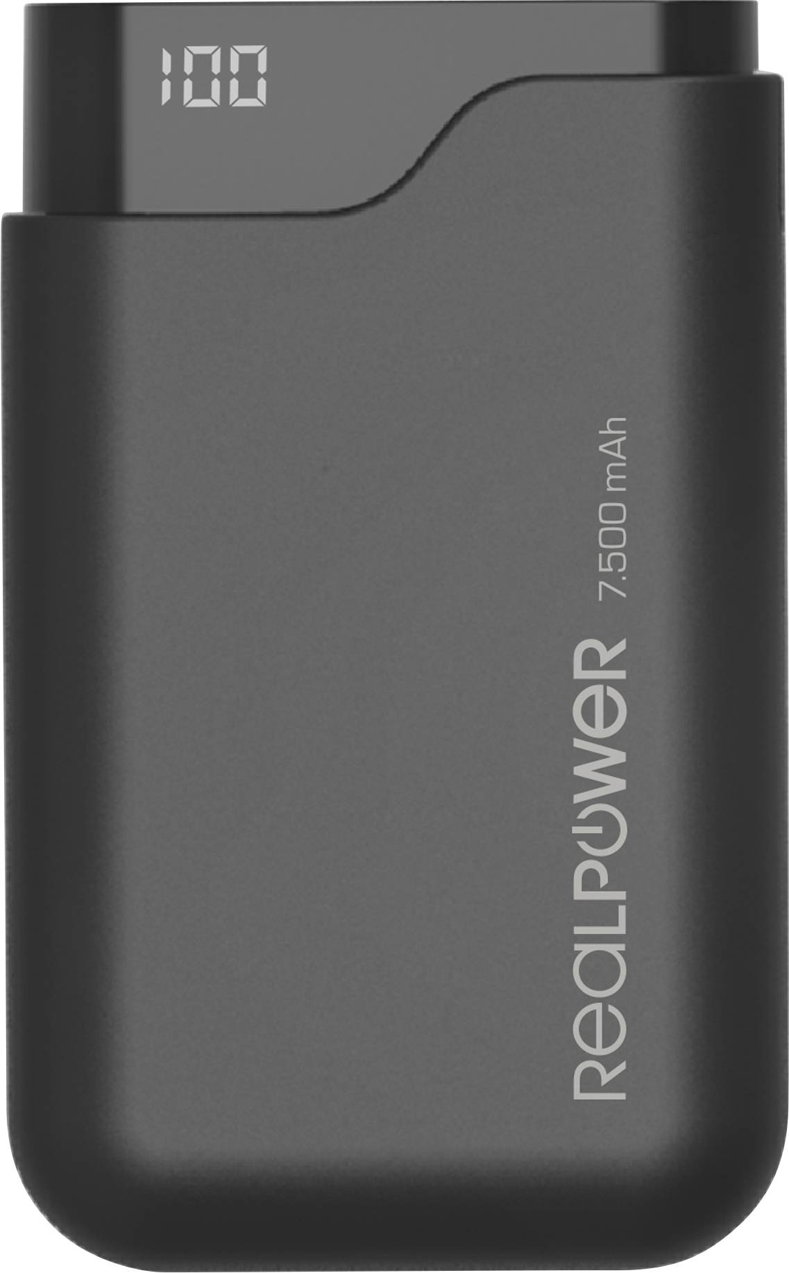 A grey power bank with the inscription 'RealPower, 7500 mAh' and a digital display showing '100'.