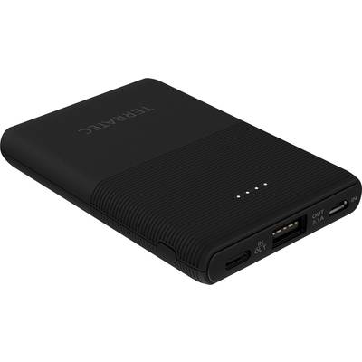 Black portable power bank with four LEDs indicating the charging status. It has input and output ports. Brand name visible.