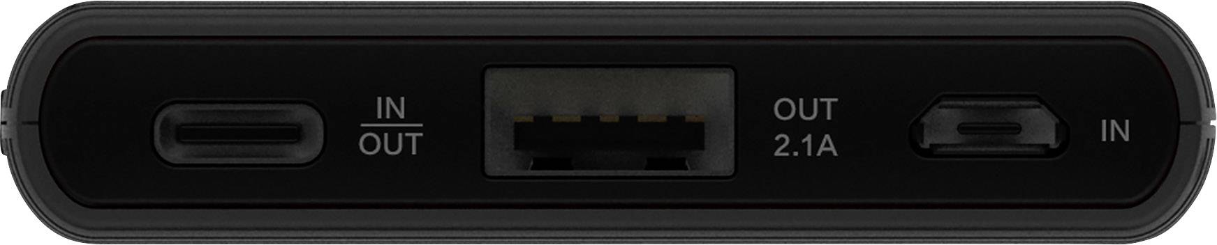 A black power bank with two ports: a USB-C port with 'In/Out' and a micro-USB port with 'In', along with a USB-A port with 'Out 2.1A'.