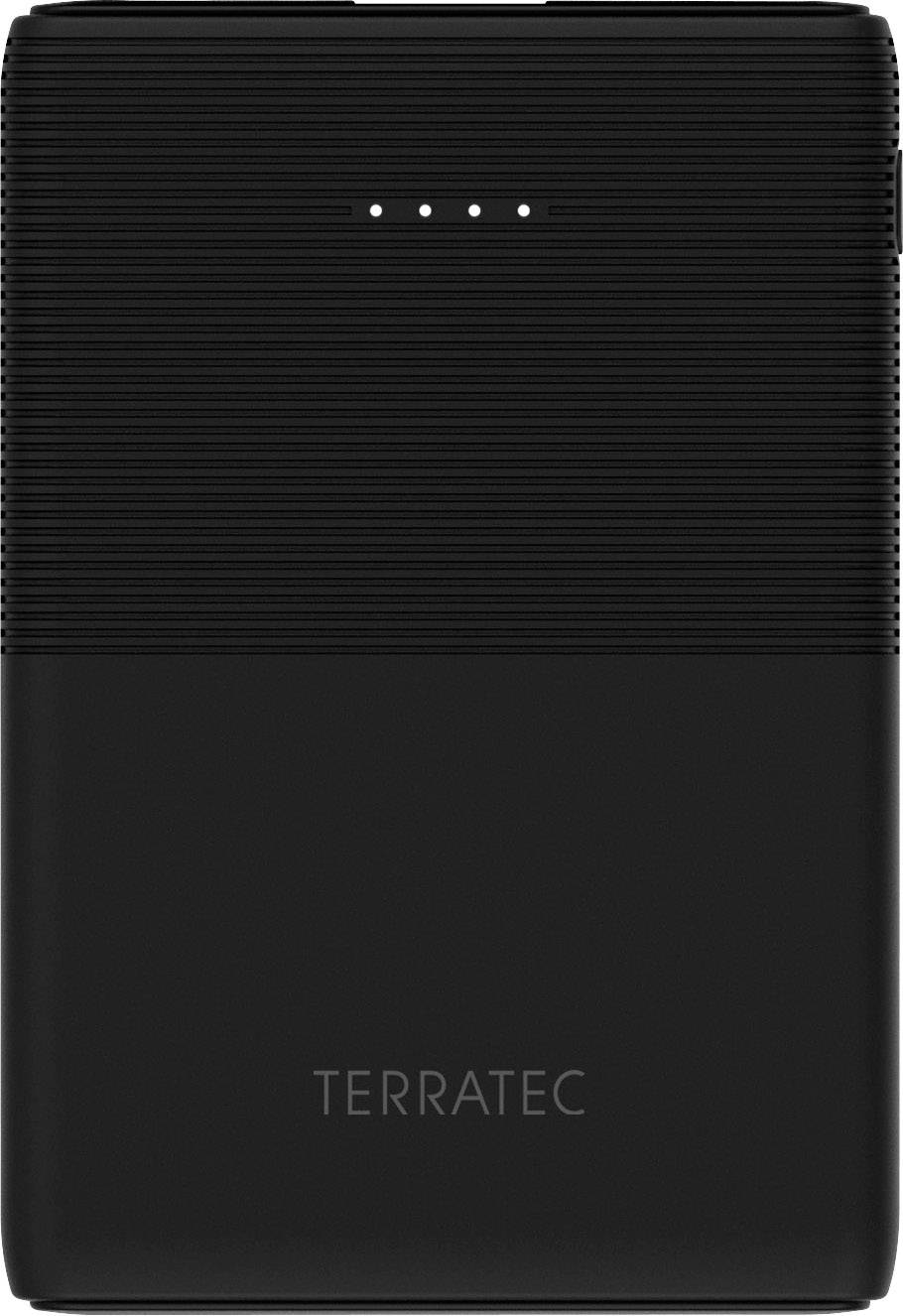 Black power bank by Terratec with four small LED indicators on top showing the charging status.