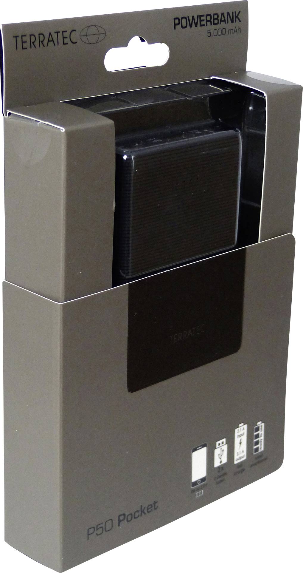 Terratec Powerbank P50 Pocket in packaging, capacity 5,000 mAh, compact size.