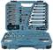 An open tool case with various spanners, socket wrenches, and bits, neatly arranged in a blue casing.