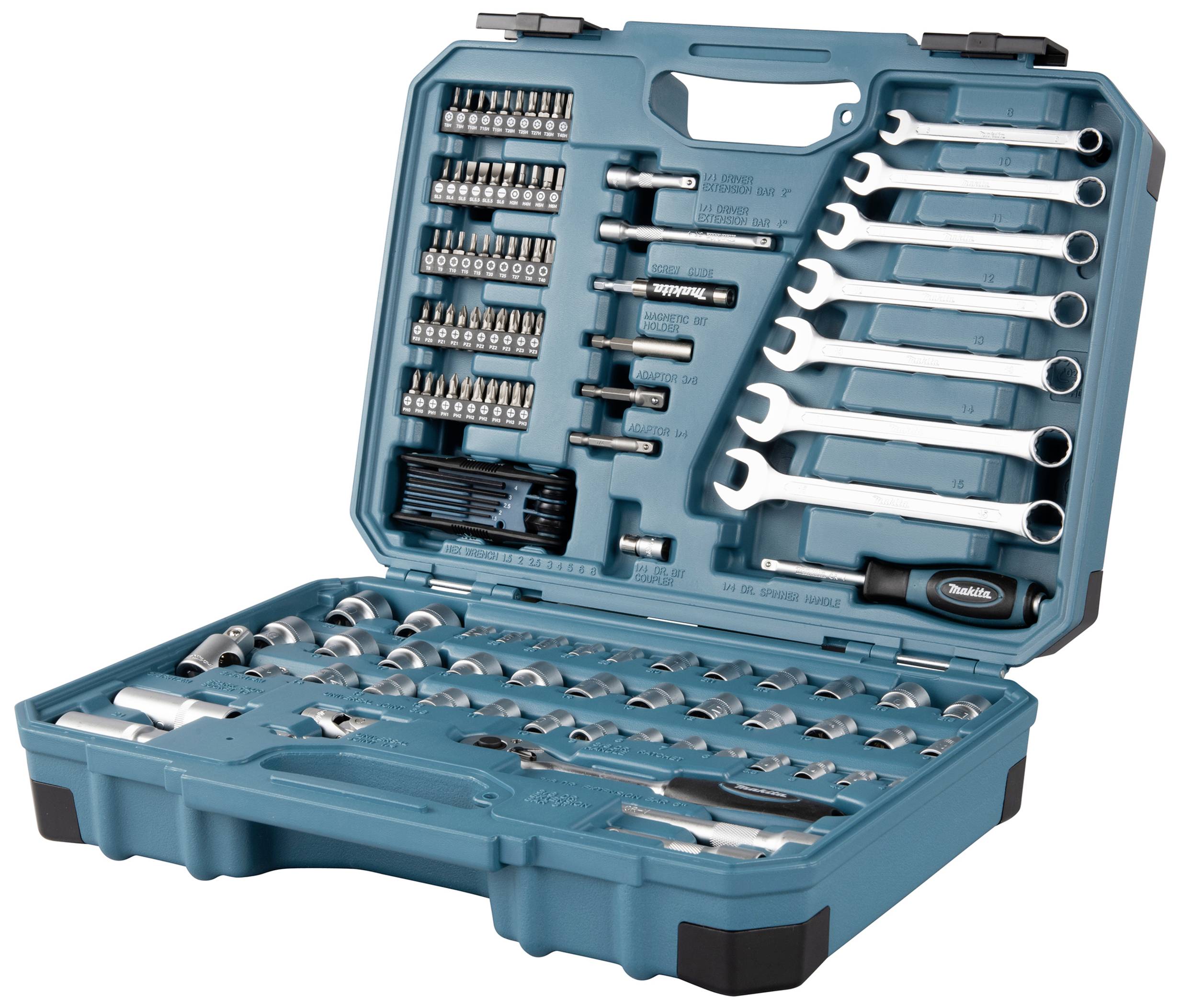 An open tool case with a variety of spanners, socket wrenches, and bits, neatly arranged in compartments.