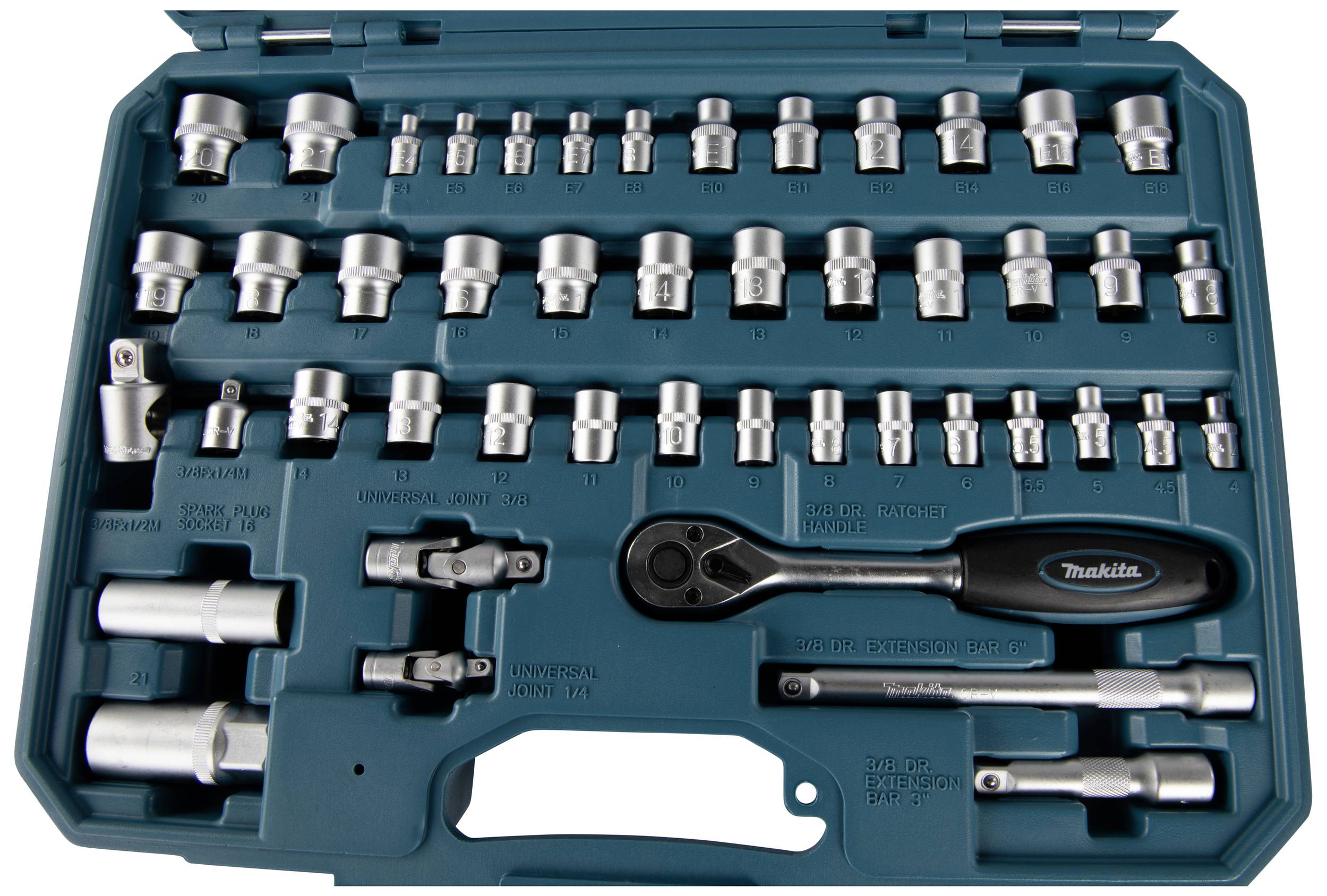 An open tool case with various socket inserts and a reversible ratchet, arranged in neat rows.