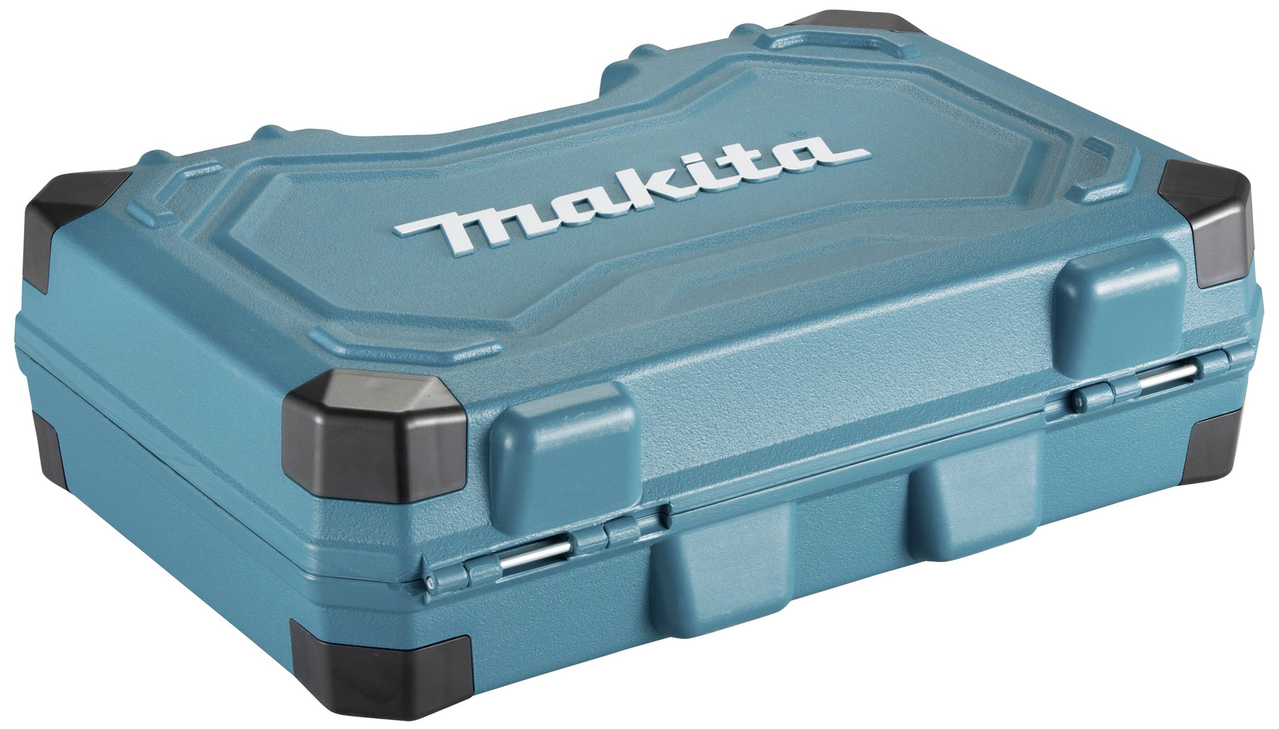 A blue tool case with reinforced corners and a 'Makita' logo on the lid, suitable for storing tools.