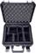 Open black protective case with foam inserts and adjustable compartments for secure storage of sensitive equipment.