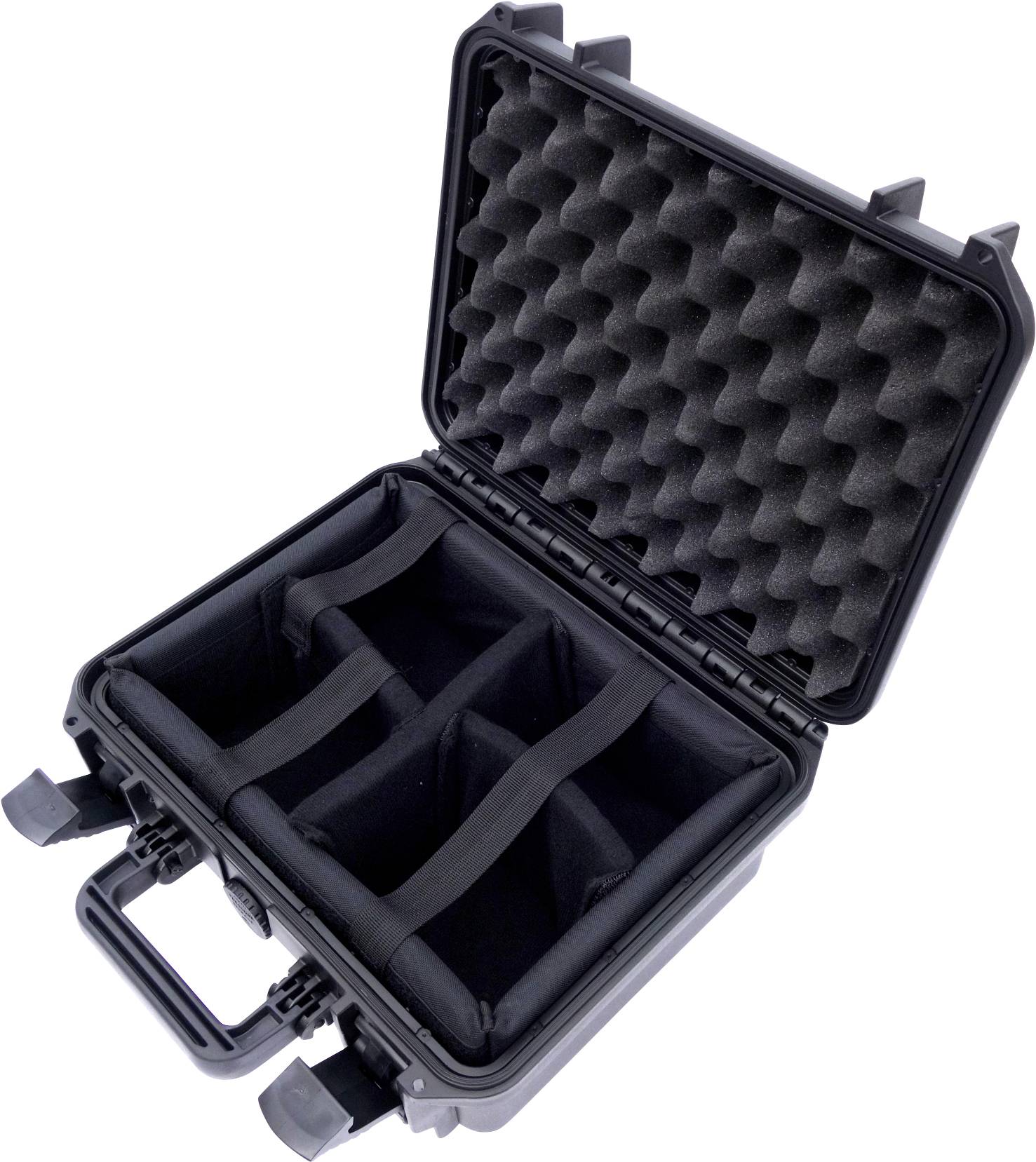 Hard-shell suitcase with an open lid, showing padded internal dividers, suitable for securely transporting delicate items.