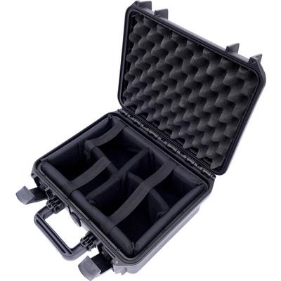 Hard-shell suitcase with an open lid, showing padded internal dividers, suitable for securely transporting delicate items.