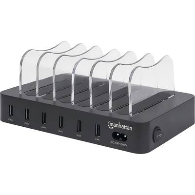 A black charger with six transparent storage compartments and six USB ports, suitable for simultaneously charging multiple devices.