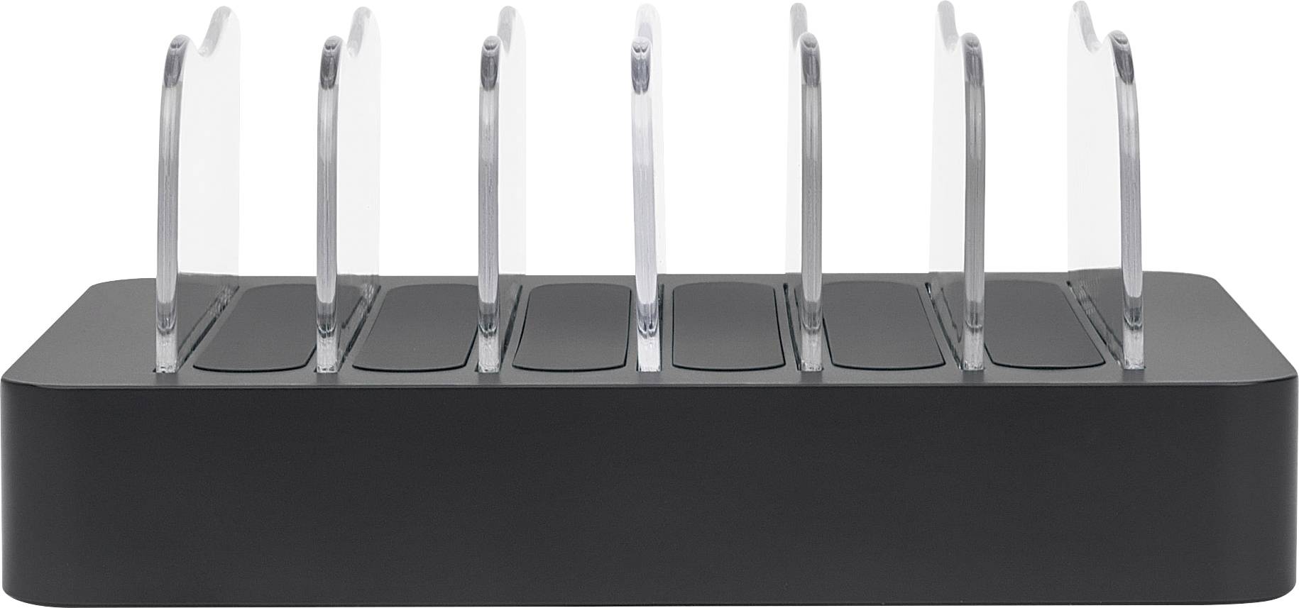 Multi-device charging station with ten transparent holders for simultaneously charging multiple devices on a black base.