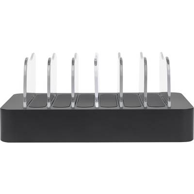 Multi-device charging station with ten transparent holders for simultaneously charging multiple devices on a black base.