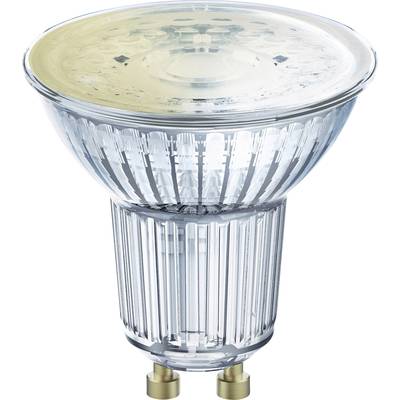 LED reflector bulb with GU10 base, transparent casing, suitable for energy-efficient lighting.