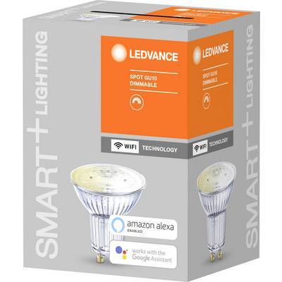 Packaging of a LEDVANCE GU10 Dimmable LED Spot Lamp, compatible with Amazon Alexa and Google Assistant, featuring WiFi technology.