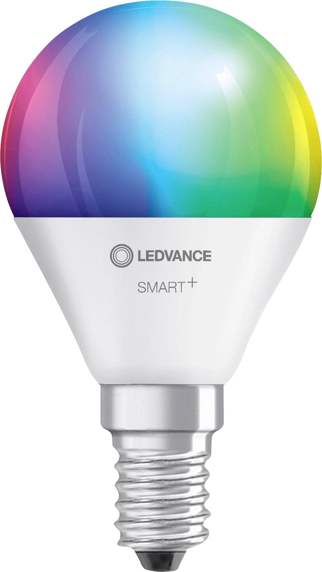 LED colour-changing light bulb. Upper section displays a rainbow gradient. Brand name 'LEDVANCE SMART+' printed on the surface.